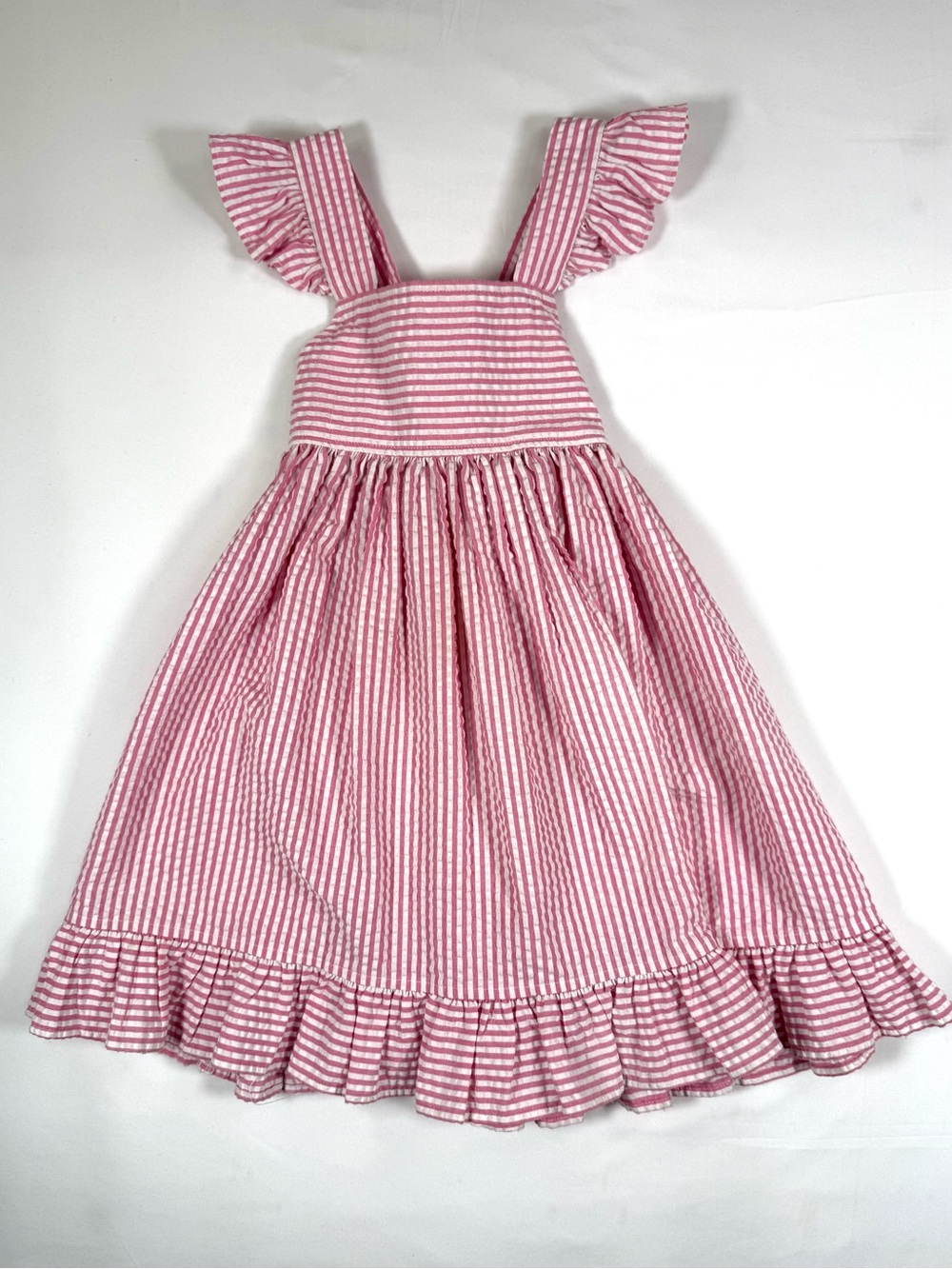 KELLY’S KIDS Girls Seersucker Sundress 5-6 Flutter Sleeve Ruffle Cottagecore
